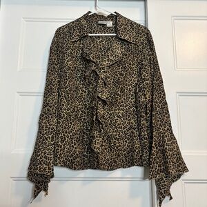 Newport News Leopard Print Ruffle Silk Blouse